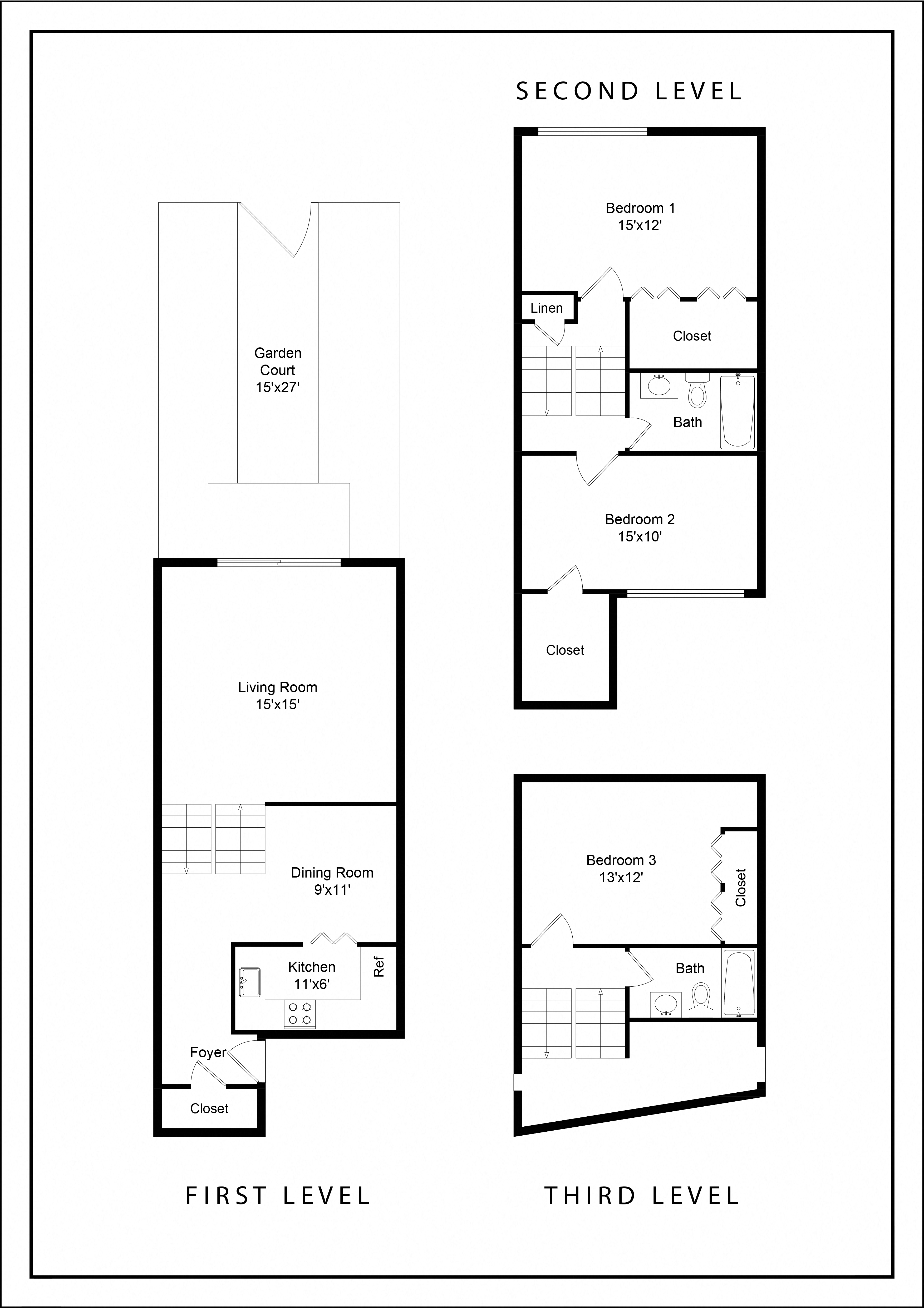 Floor plan for 3 beds, 2 baths, 1500 sqft